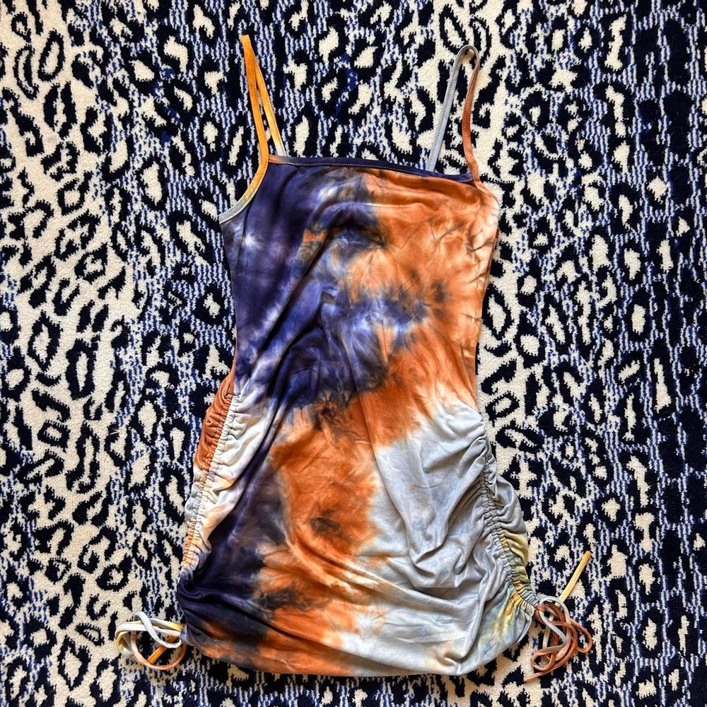 Tie-dye mini dress with ruched tie detail and orange + blue swirls • size: M